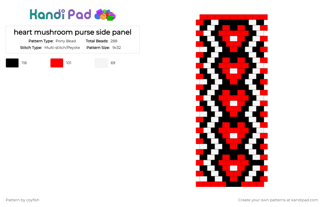 heart mushroom purse side panel - Pony Bead Pattern by coyfish on Kandi Pad - red, white
