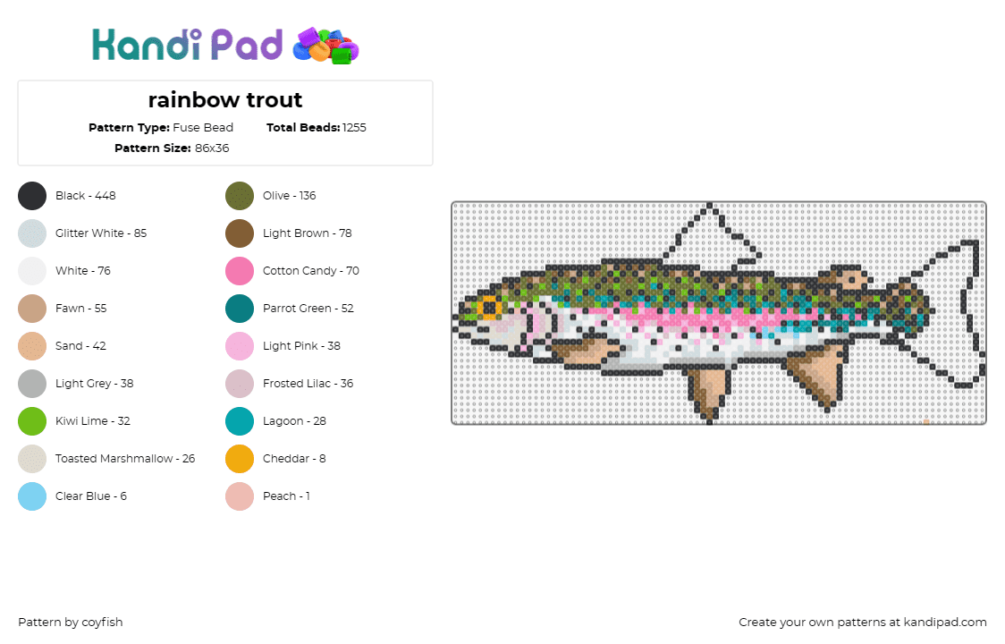 rainbow trout - Fuse Bead Pattern by coyfish on Kandi Pad - trout,fish,animal,rainbow,underwater,green,tan
