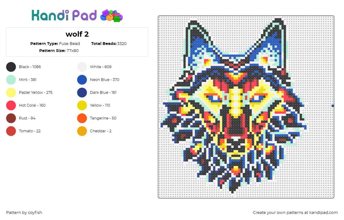 wolf 2 - Fuse Bead Pattern by coyfish on Kandi Pad - wolf,colorful,animal,majestic,fantasy,blue,yellow