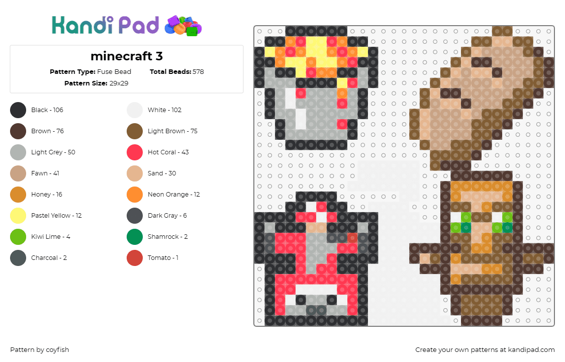 minecraft 3 - Fuse Bead Pattern by coyfish on Kandi Pad - minecraft,lava bucket,bread,totem,video game,brown,tan,red,gray