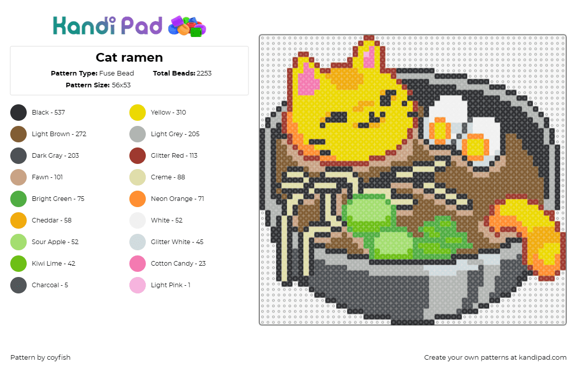 Cat ramen - Fuse Bead Pattern by coyfish on Kandi Pad - ramen,cat,soup,noodles,animal,food,cute,swim,bowl,yellow,brown,gray