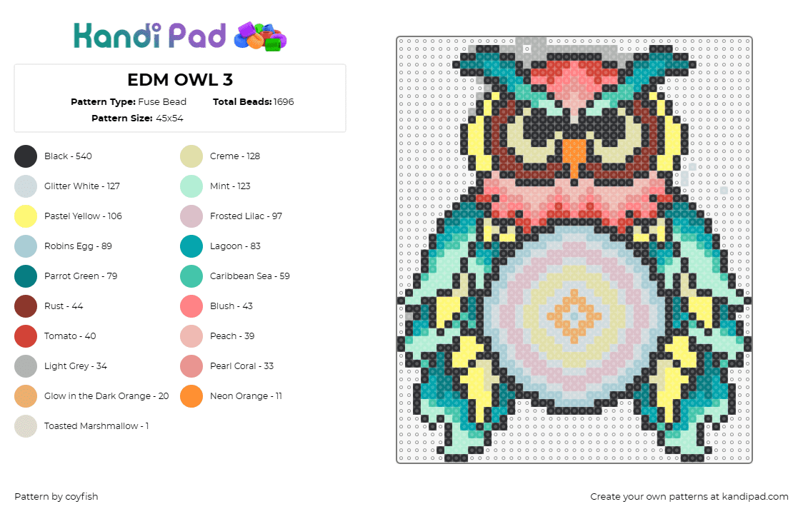 EDM OWL 3 - Fuse Bead Pattern by coyfish on Kandi Pad - owl,edc,festival,edm,music,geometric,animal,colorful,red,teal,yellow