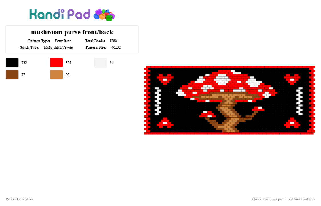 mushroom purse front/back - Pony Bead Pattern by coyfish on Kandi Pad - black,red