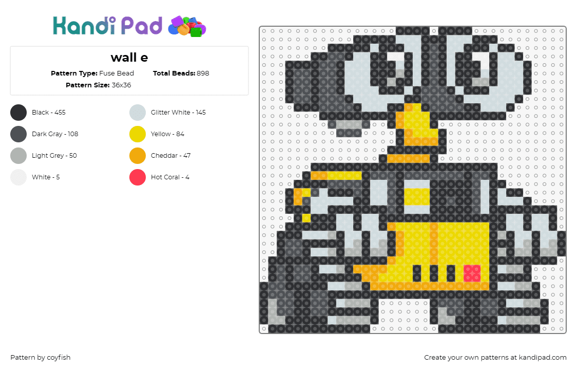 wall e - Fuse Bead Pattern by coyfish on Kandi Pad - wall e,robot,disney,character,movie,cute,yellow,gray