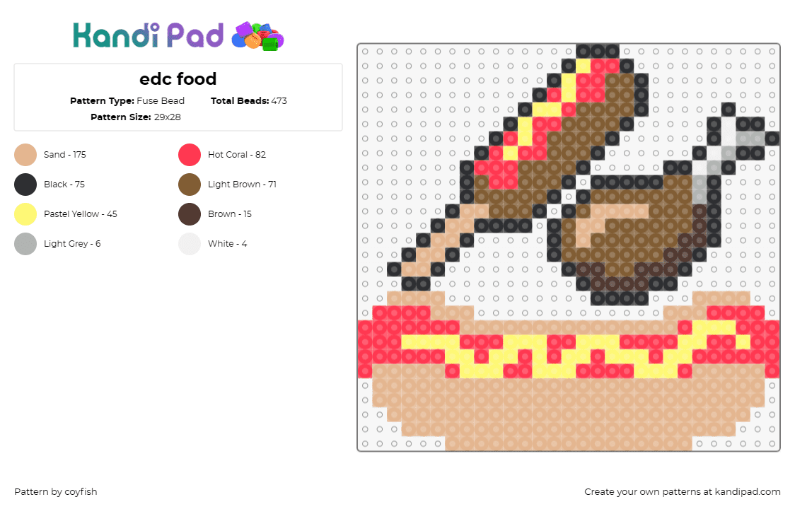 edc food - Fuse Bead Pattern by coyfish on Kandi Pad - edc,food,corndog,edm,music,festival,hot dog,brown,tan,red