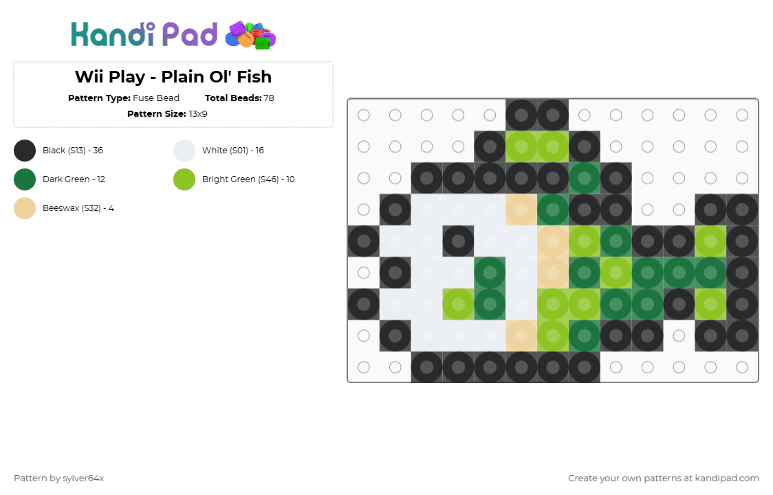 Wii Play - Plain Ol\' Fish - Fuse Bead Pattern by chillkidwill on Kandi Pad - green,wii,wii play,fish,plain ol fish