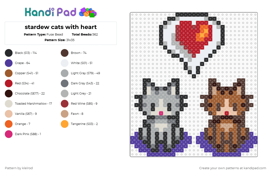 stardew cats with heart - Fuse Bead Pattern by klelrod on Kandi Pad - red,gray,tan,colorful