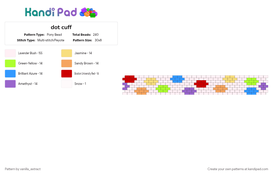 dot cuff - Pony Bead Pattern by vanilla_extract on Kandi Pad - colorful, cotddots, green, light blue, purple, white