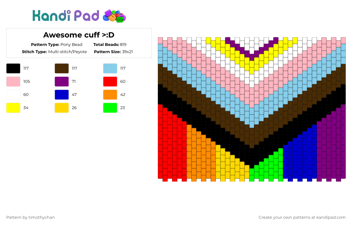 Awesome cuff >:D - Pony Bead Pattern by timothychan on Kandi Pad - brown,light blue,pink,lgbtq,cuff