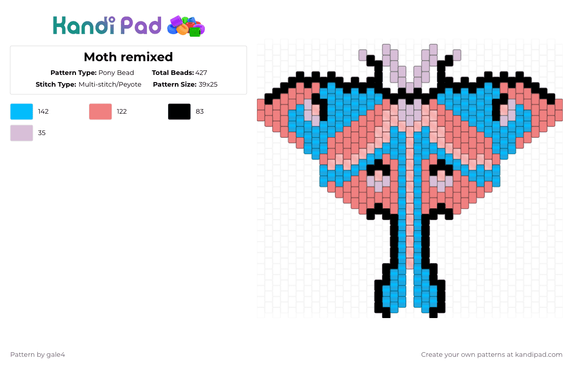 Moth remixed - Pony Bead Pattern by gale4 on Kandi Pad - red,light blue