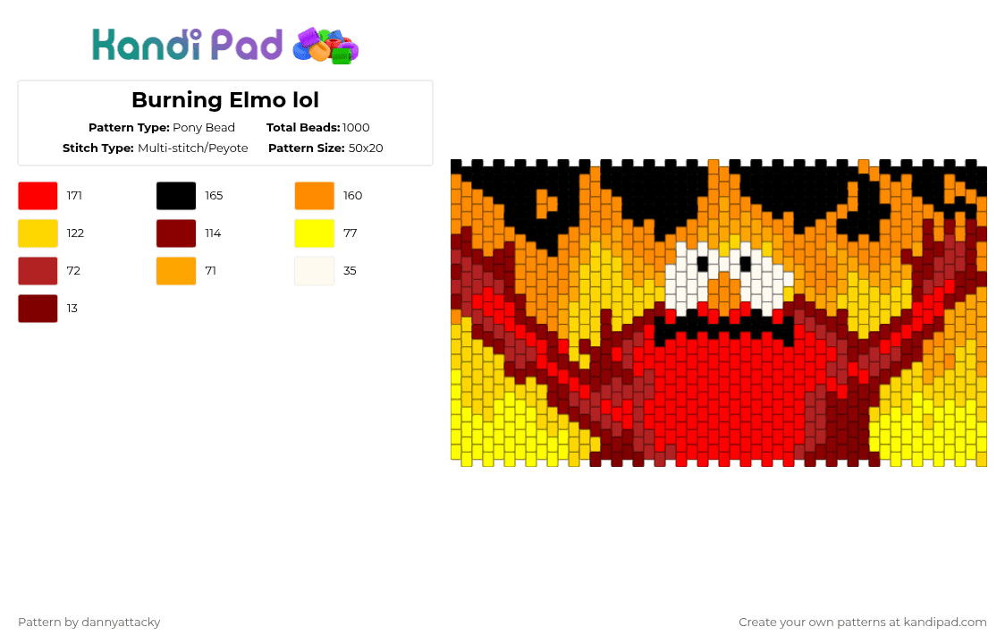 Burning Elmo lol - Pony Bead Pattern by dannyattacky on Kandi Pad - red,orange,yellow,meme,elmo,funny,goofy,ahh,ah,aah
