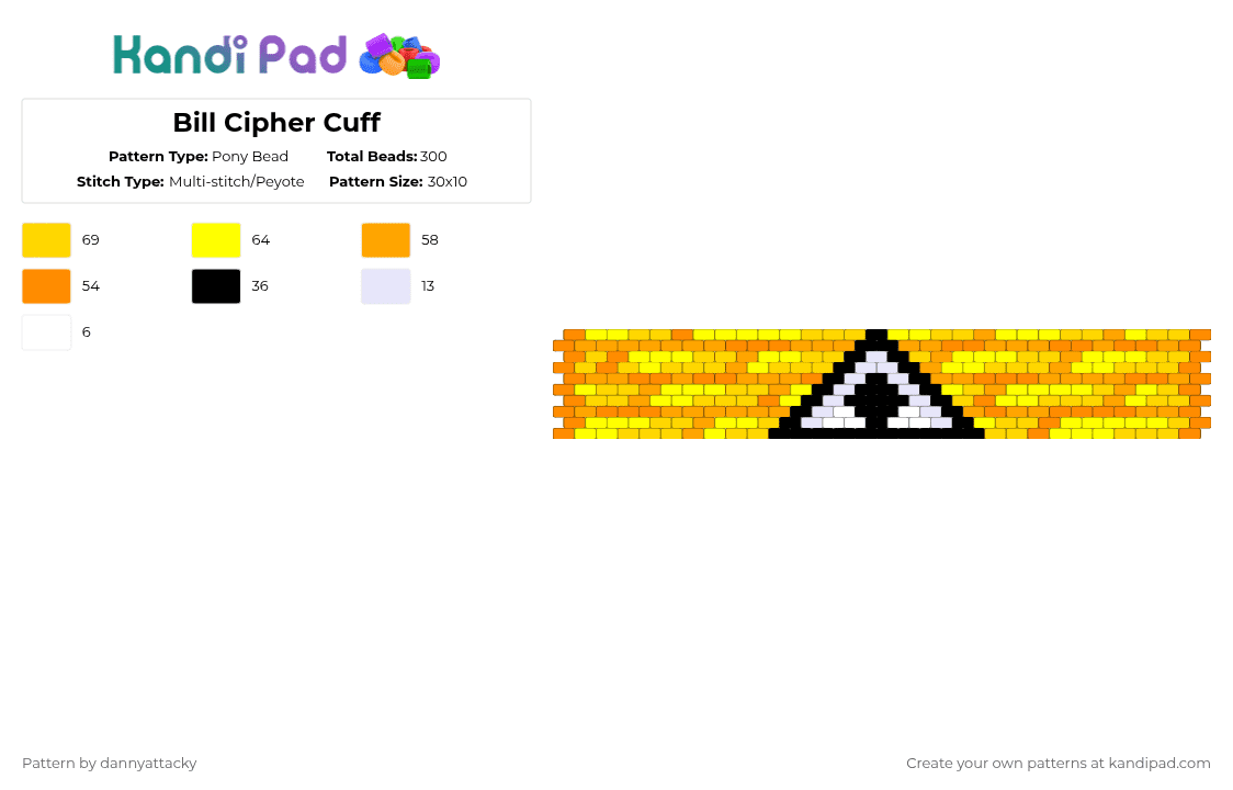 Bill Cipher Cuff - Pony Bead Pattern by dannyattacky on Kandi Pad - yellow,orange,bill,cypher,bill cypher,weirdcore,gravity falls,cuffs
