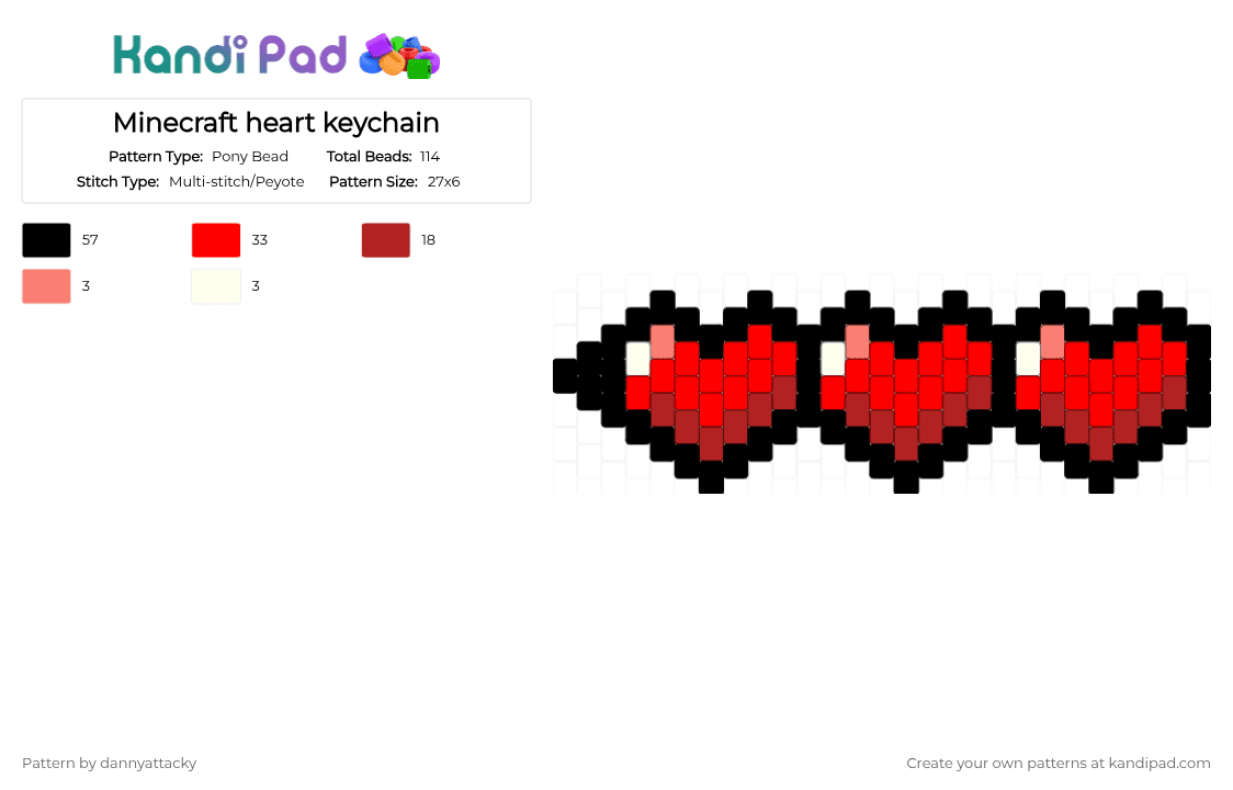 Minecraft heart keychain - Pony Bead Pattern by dannyattacky on Kandi Pad - health bar, healthbar, heart, hearts, minecraft, pixel, red