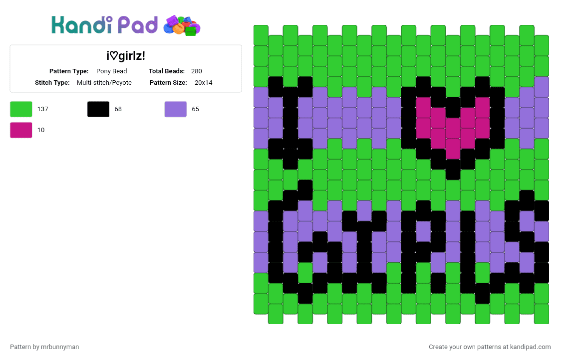 i♡girlz! - Pony Bead Pattern by mrbunnyman on Kandi Pad - green