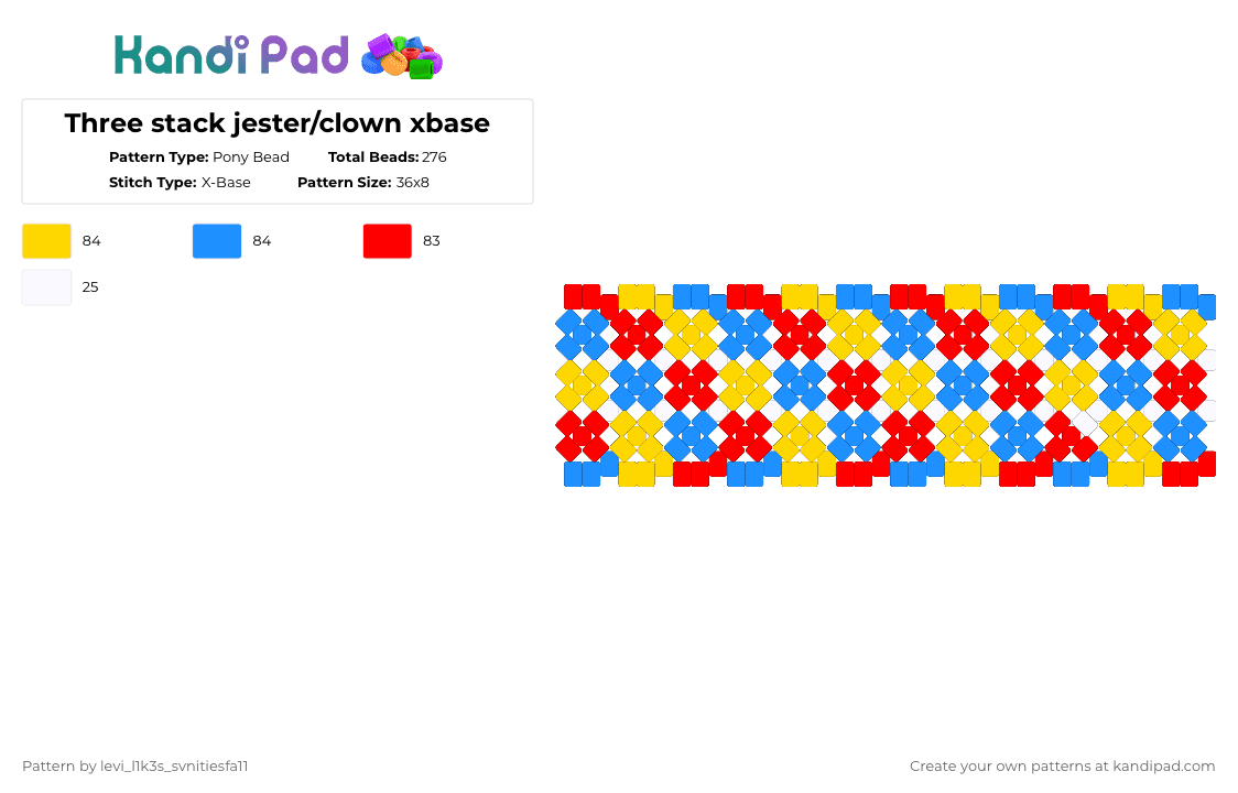 Three stack jester/clown xbase - Pony Bead Pattern by levi_l1k3s_svnitiesfa11 on Kandi Pad - red,yellow,light blue