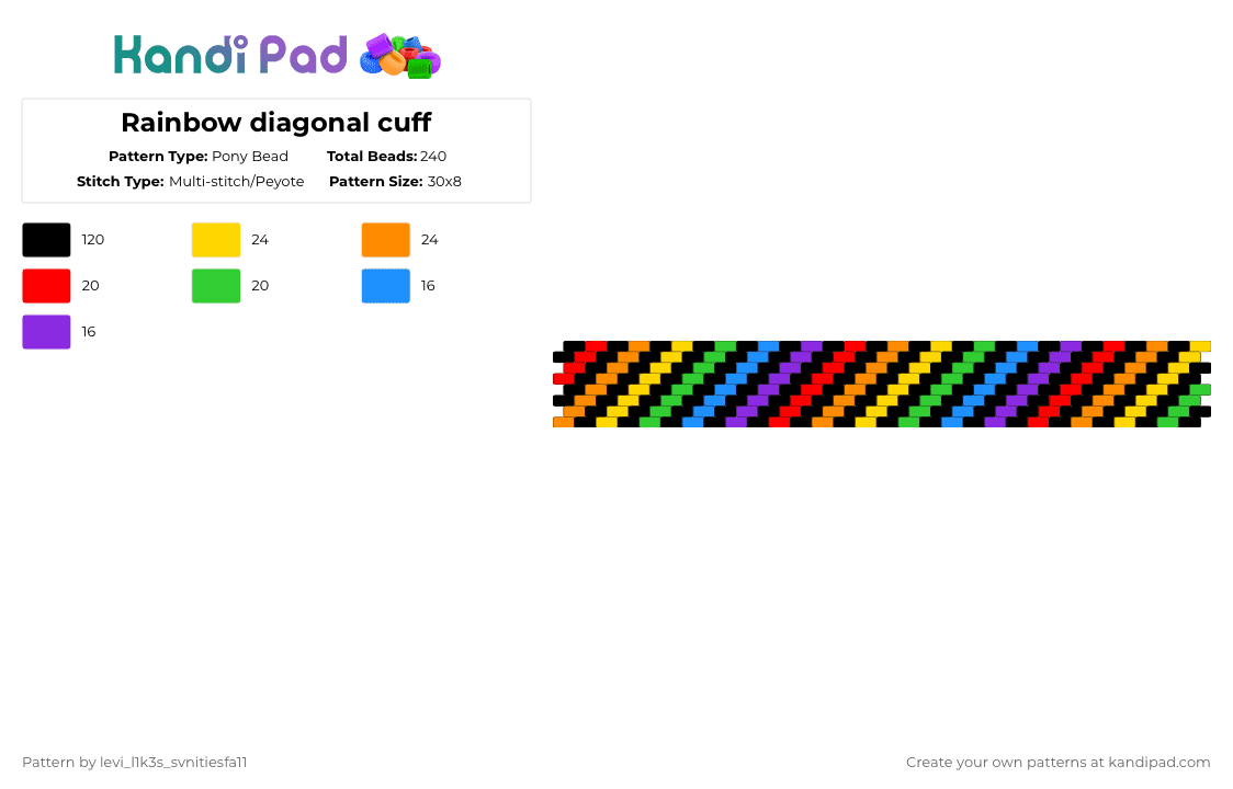 Rainbow diagonal cuff - Pony Bead Pattern by levi_l1k3s_svnitiesfa11 on Kandi Pad - black,red,green,colorful