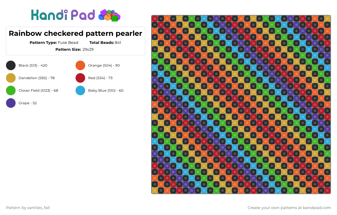 Rainbow checkered pattern pearler - Fuse Bead Pattern by levi_l1k3s_svnitiesfa11 on Kandi Pad - black,orange