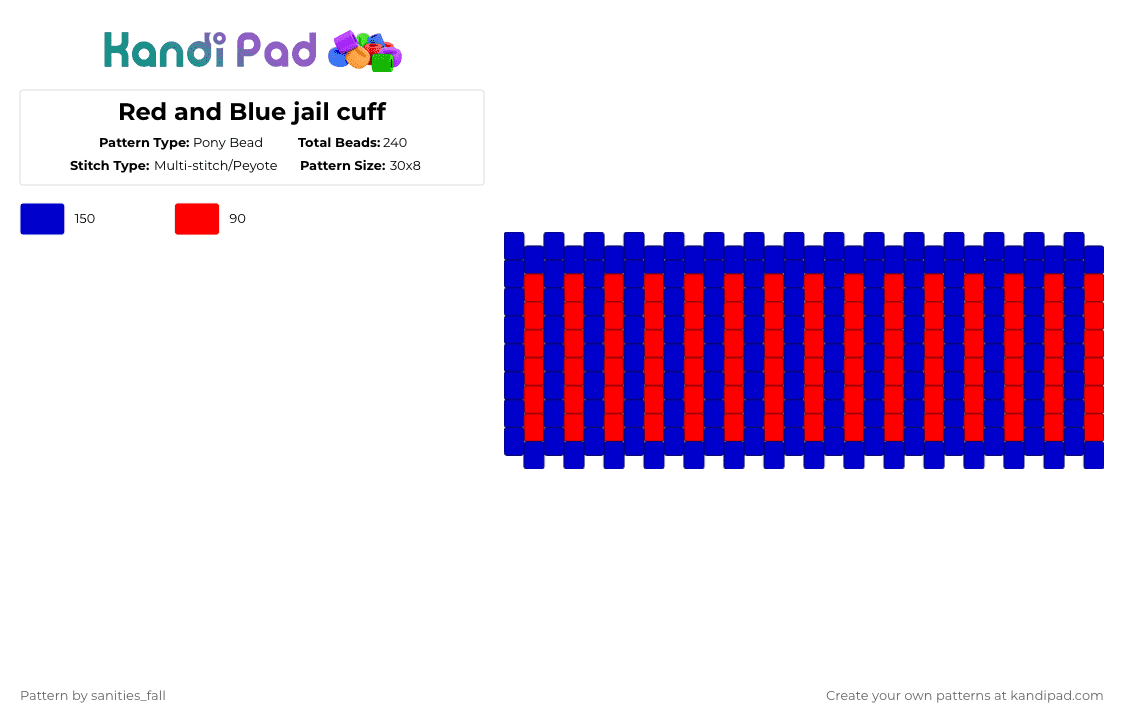 Red and Blue jail cuff - Pony Bead Pattern by levi_l1k3s_svnitiesfa11 on Kandi Pad - purple,red