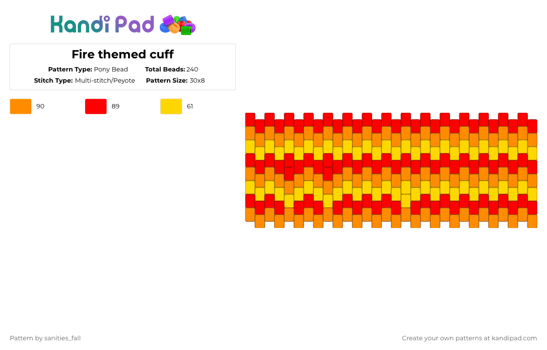 Fire themed cuff - Pony Bead Pattern by levi_l1k3s_svnitiesfa11 on Kandi Pad - red,orange