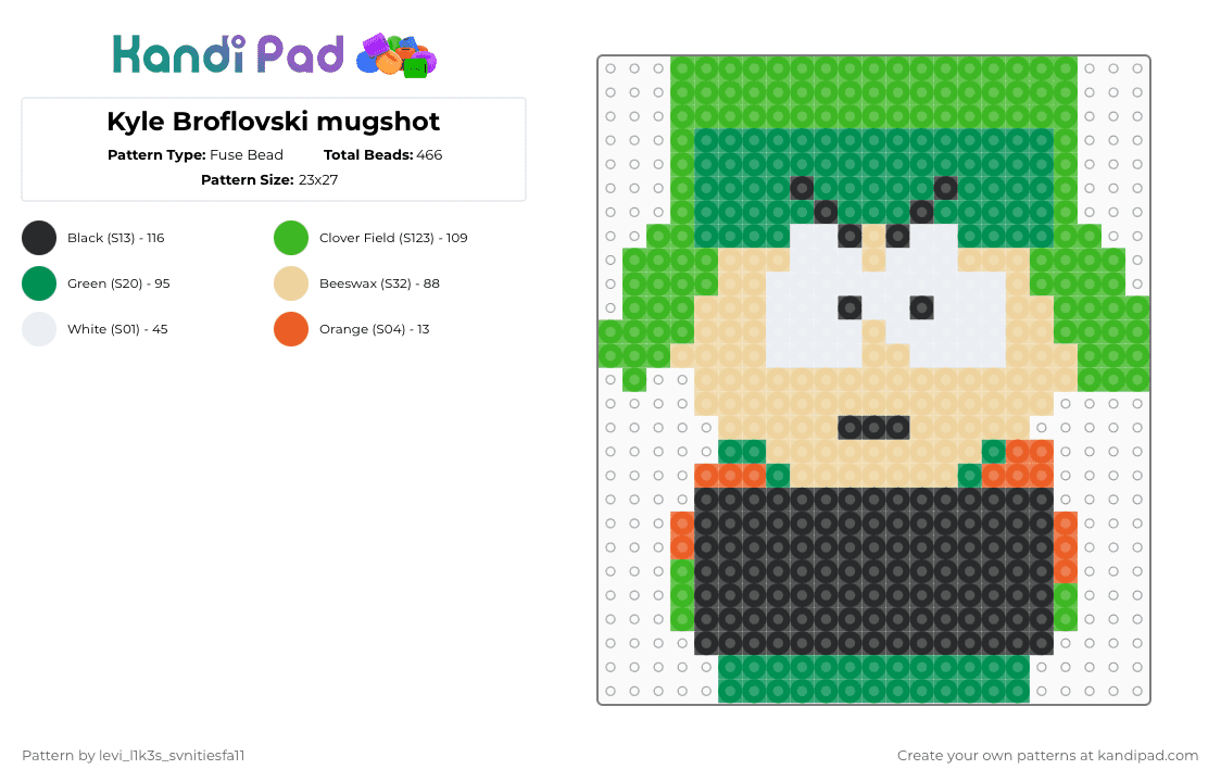 Kyle Broflovski mugshot - Fuse Bead Pattern by levi_l1k3s_svnitiesfa11 on Kandi Pad - green