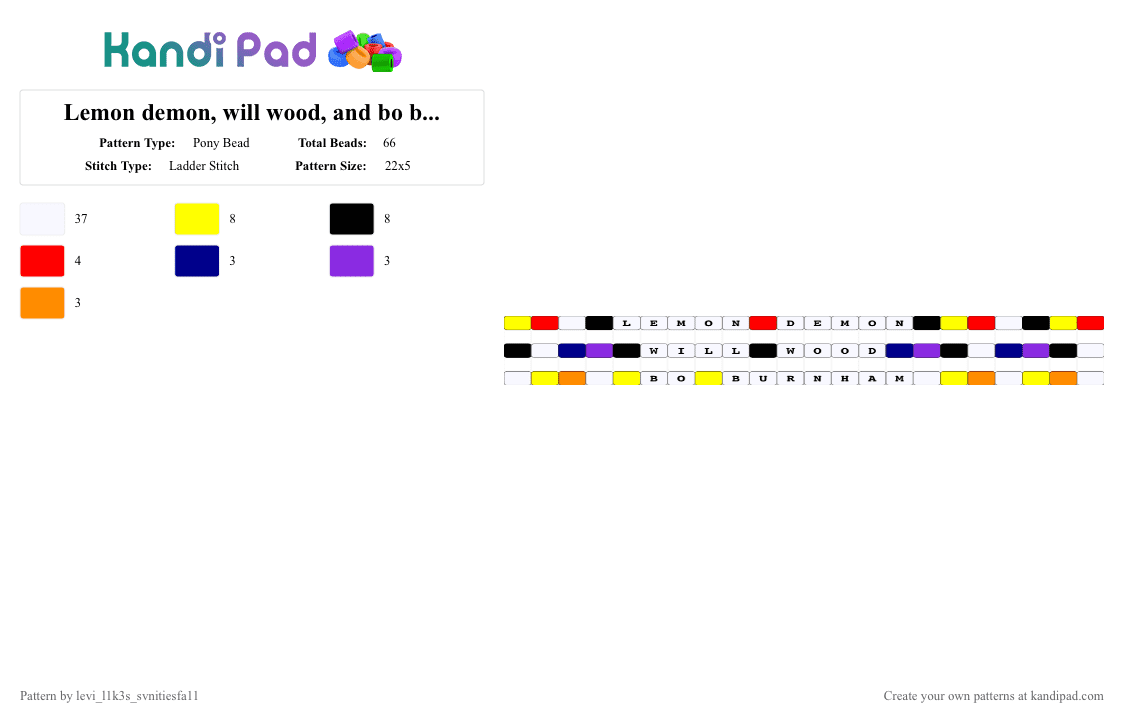 Lemon demon, will wood, and bo burnham bff bracelets - Pony Bead Pattern by levi_l1k3s_svnitiesfa11 on Kandi Pad - white,yellow,purple,lemon demon,colourful,will wood,music,bo burnham,alt,weird kid