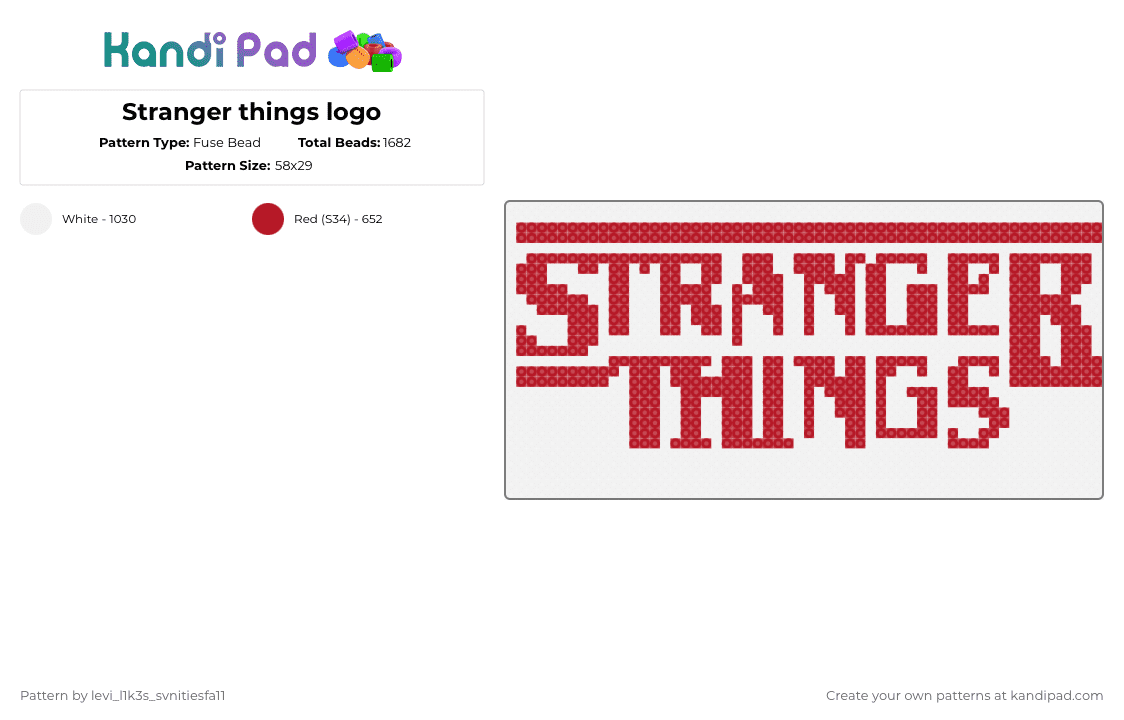 Stranger things logo - Fuse Bead Pattern by levi_l1k3s_svnitiesfa11 on Kandi Pad - white,red,tv,stranger things,season 5,cartooons,dustin,eddie,steve,eleven