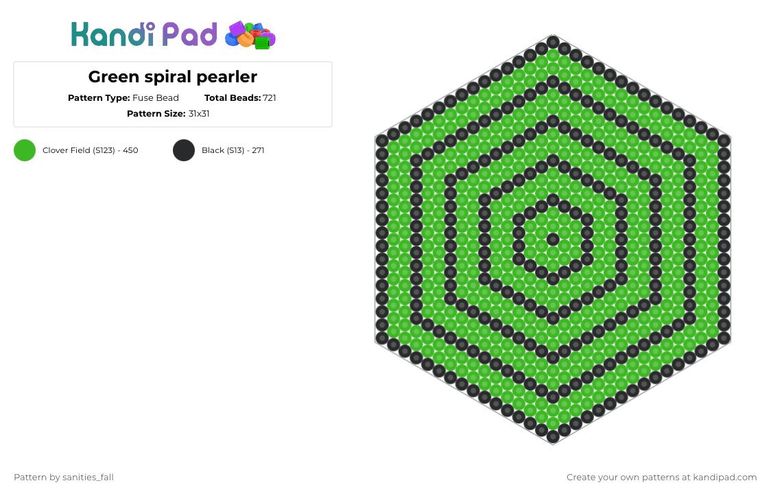 Green spiral pearler - Fuse Bead Pattern by levi_l1k3s_svnitiesfa11 on Kandi Pad - black,green