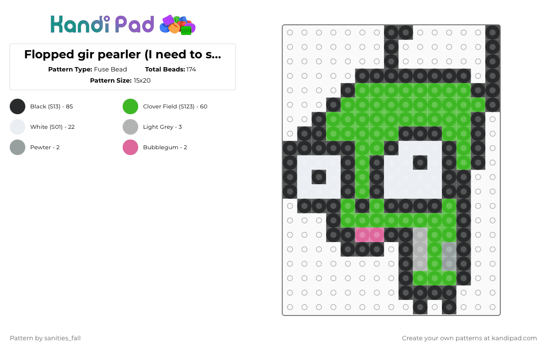 Flopped gir pearler (I need to stop making patterns bro😭) - Fuse Bead Pattern by levi_l1k3s_svnitiesfa11 on Kandi Pad - black,green