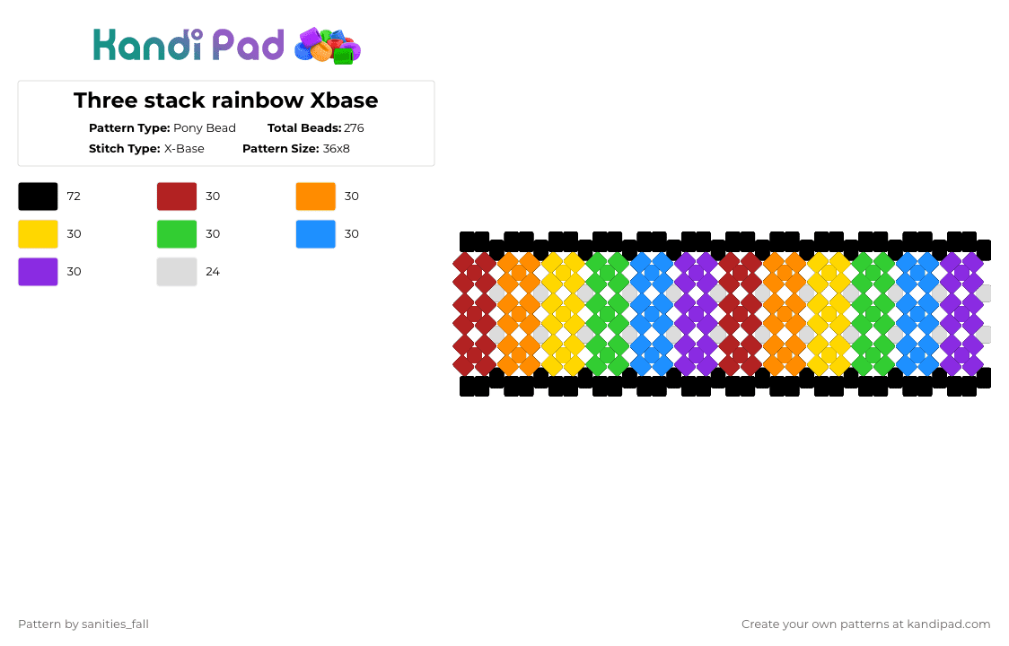 Three stack rainbow Xbase - Pony Bead Pattern by levi_l1k3s_svnitiesfa11 on Kandi Pad - orange,green,purple,colorful