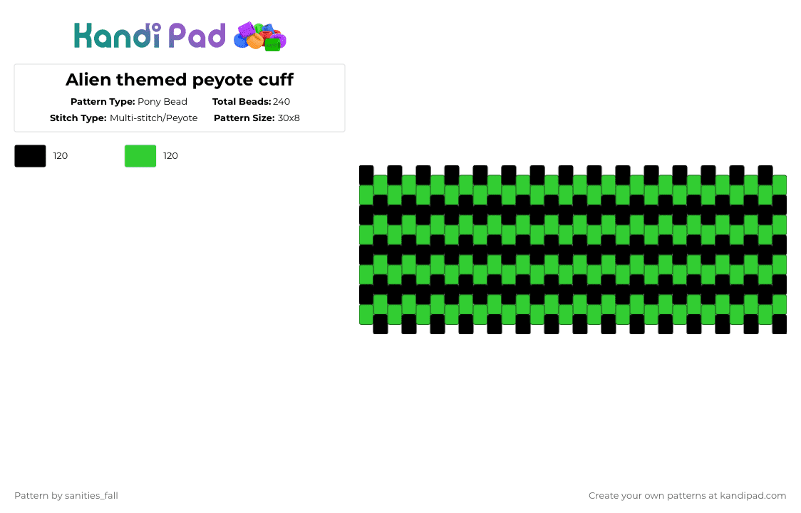 Alien themed peyote cuff - Pony Bead Pattern by levi_l1k3s_svnitiesfa11 on Kandi Pad - black,green