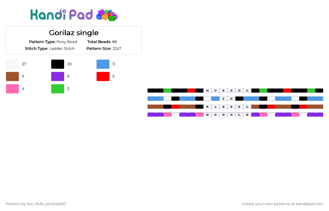 Gorilaz single - Pony Bead Pattern by levi_l1k3s_svnitiesfa11 on Kandi Pad - red,light blue,purple,gorilaz,music,emo,alt,punk,pop,clint eastwood