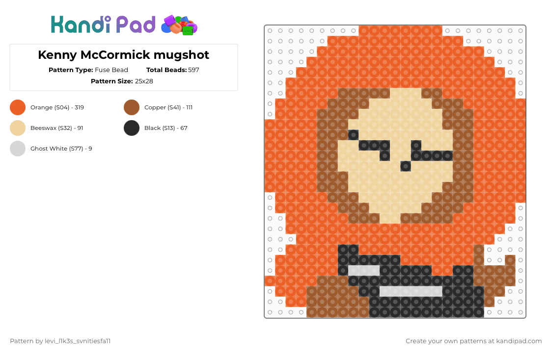 Kenny McCormick mugshot - Fuse Bead Pattern by levi_l1k3s_svnitiesfa11 on Kandi Pad - orange