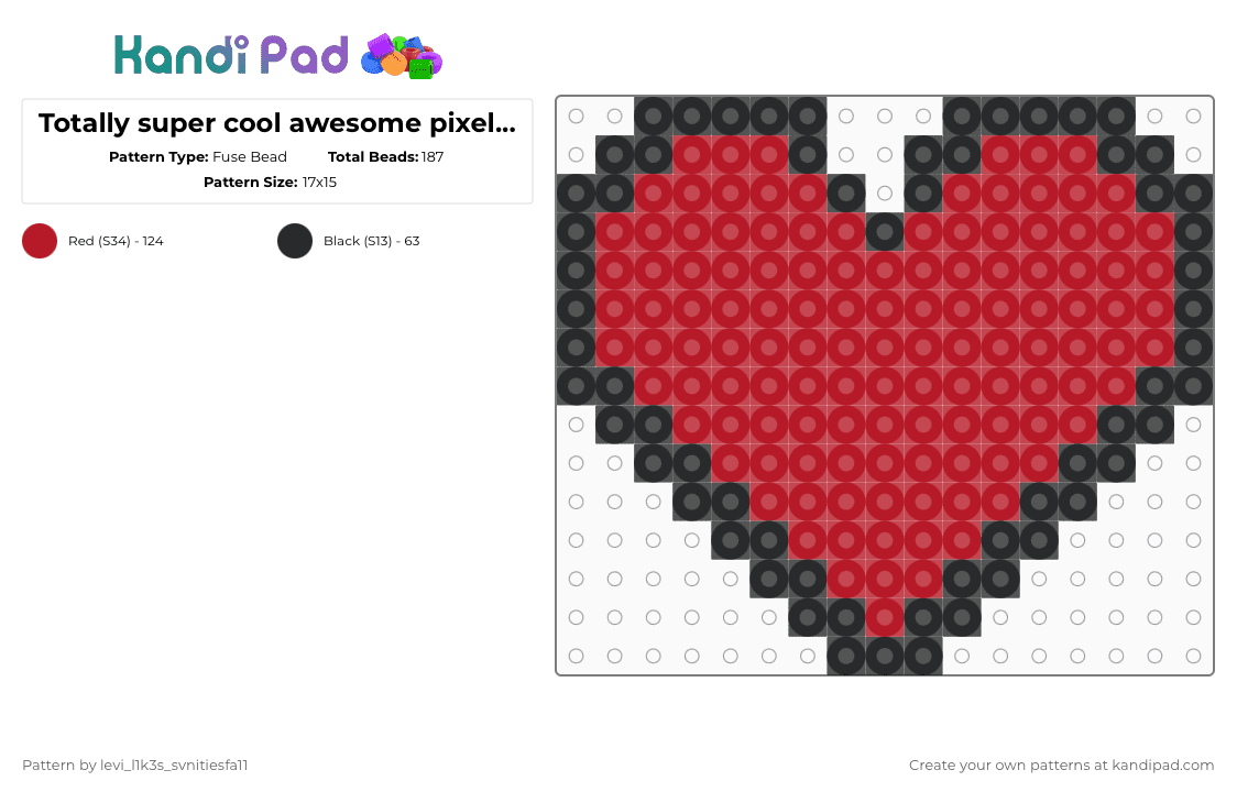 Totally super cool awesome pixel heart - Fuse Bead Pattern by levi_l1k3s_svnitiesfa11 on Kandi Pad - red,black,minecraft,video games,pixels,retro,super cool