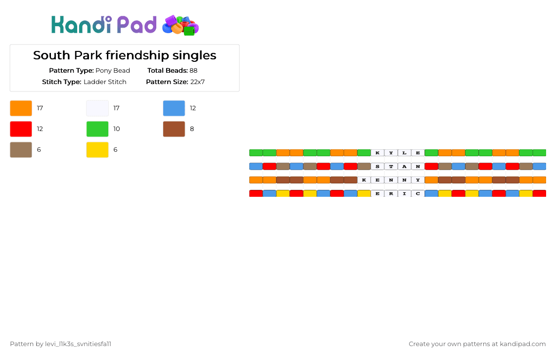 South Park friendship singles - Pony Bead Pattern by levi_l1k3s_svnitiesfa11 on Kandi Pad - orange,light blue,red,south park,cartoons,friendship bracelets,singles,humor,funny