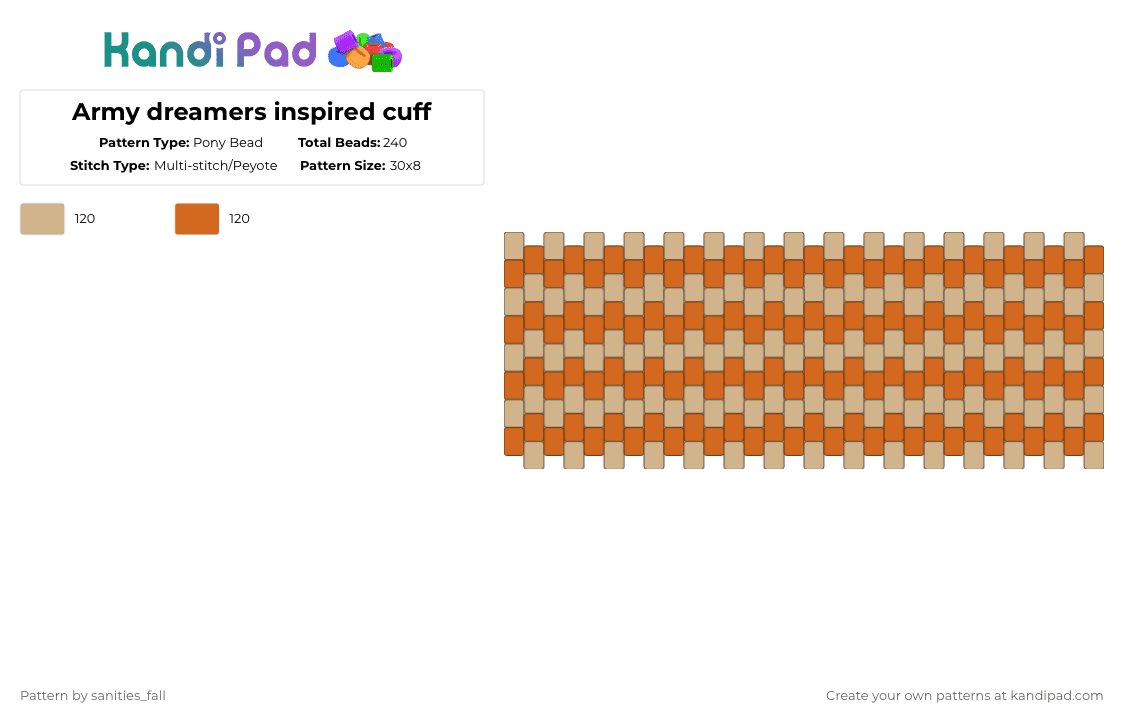 Army dreamers inspired cuff - Pony Bead Pattern by levi_l1k3s_svnitiesfa11 on Kandi Pad - beige,orange
