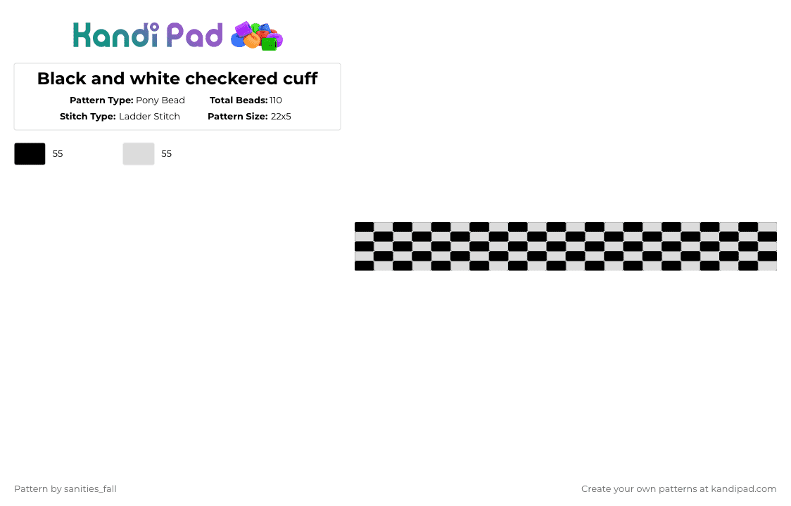Black and white checkered cuff - Pony Bead Pattern by levi_l1k3s_svnitiesfa11 on Kandi Pad - black,white