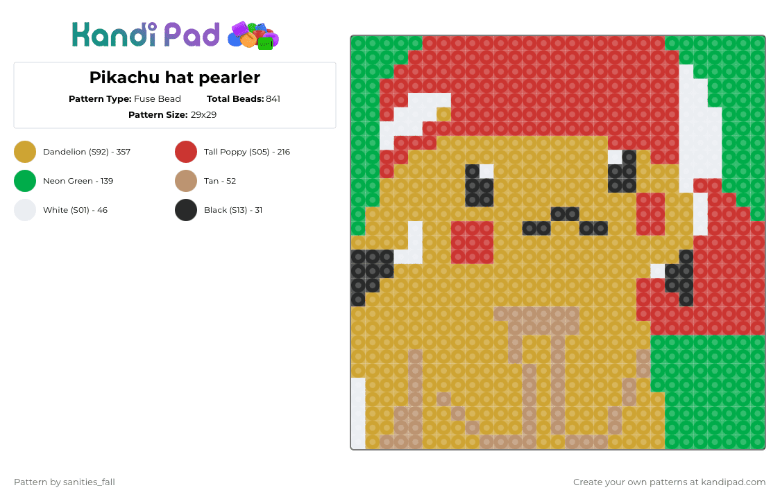 Pikachu hat pearler - Fuse Bead Pattern by levi_l1k3s_svnitiesfa11 on Kandi Pad - orange,red