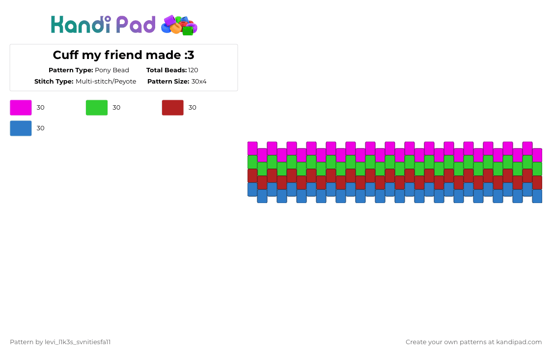 Cuff my friend made :3 - Pony Bead Pattern by levi_l1k3s_svnitiesfa11 on Kandi Pad - pink,green,red,blue