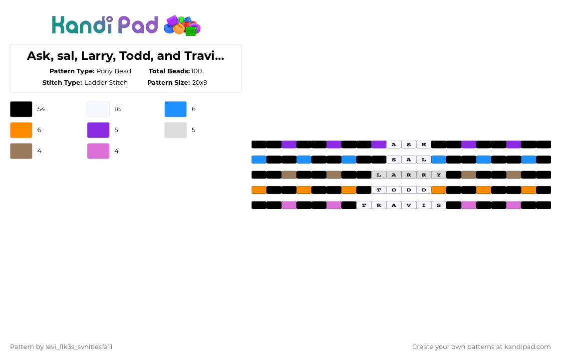 Ask, sal, Larry, Todd, and Travis sally face singles - Pony Bead Pattern by levi_l1k3s_svnitiesfa11 on Kandi Pad - black,white,light blue,colorful,sally face,video games,horror,singles,bracelet sets