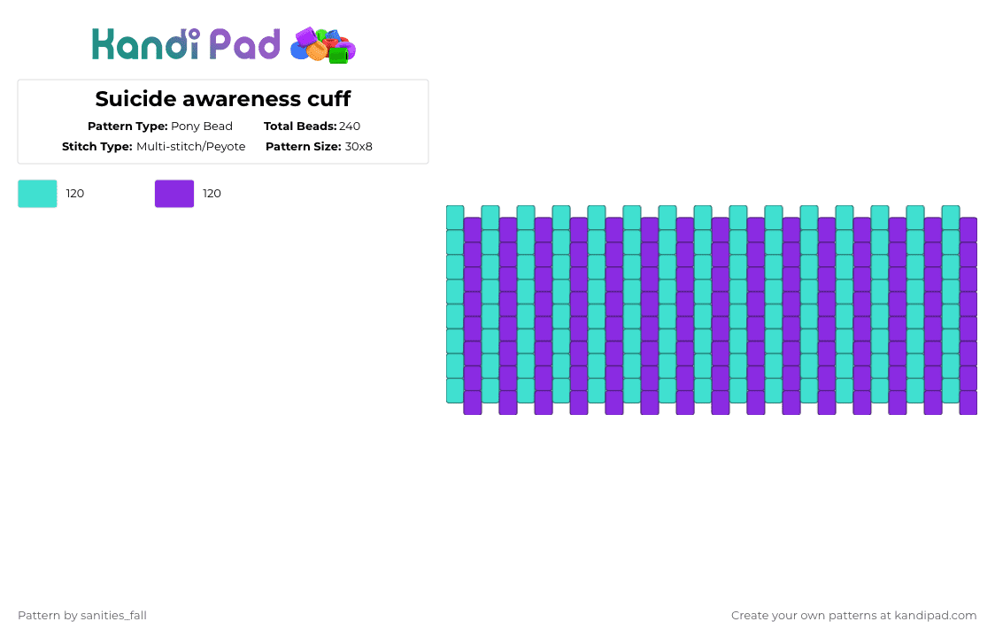 Suicide awareness cuff - Pony Bead Pattern by levi_l1k3s_svnitiesfa11 on Kandi Pad - light blue,purple