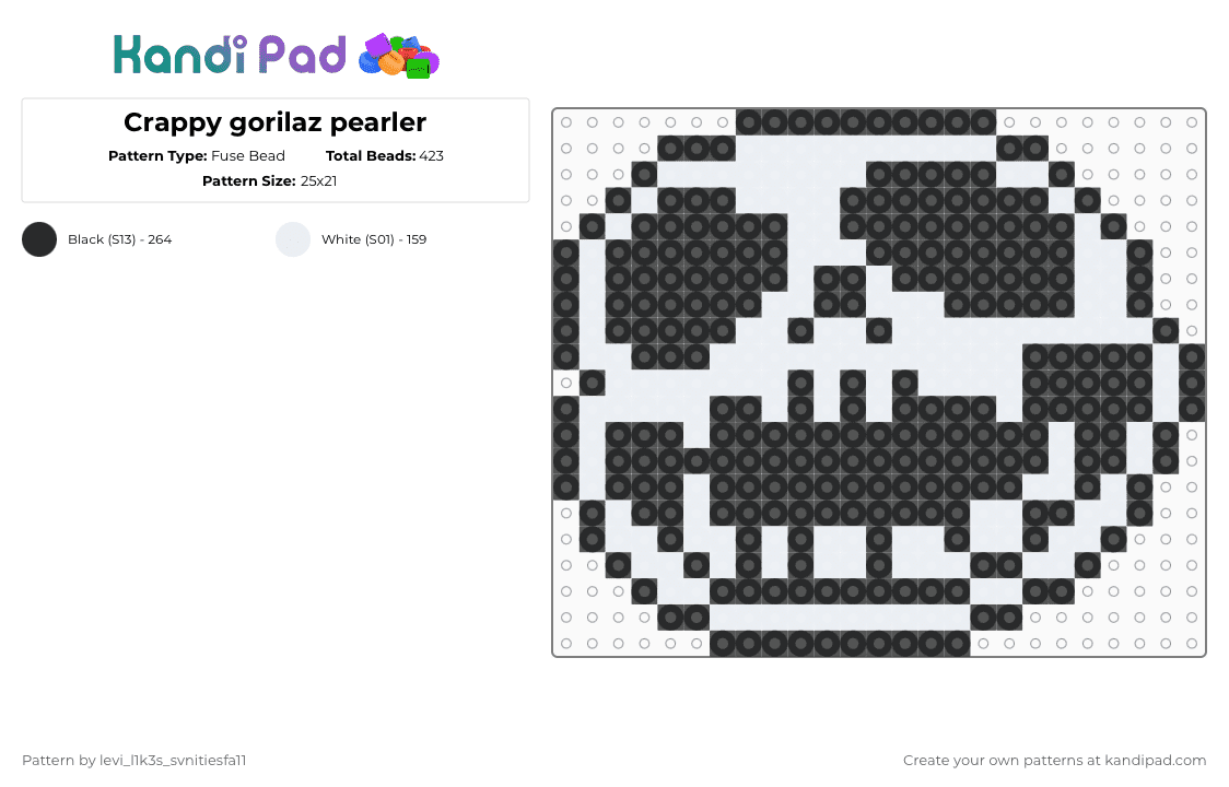 Crappy gorilaz pearler - Fuse Bead Pattern by levi_l1k3s_svnitiesfa11 on Kandi Pad - black,white,music,gorillaz,spooky