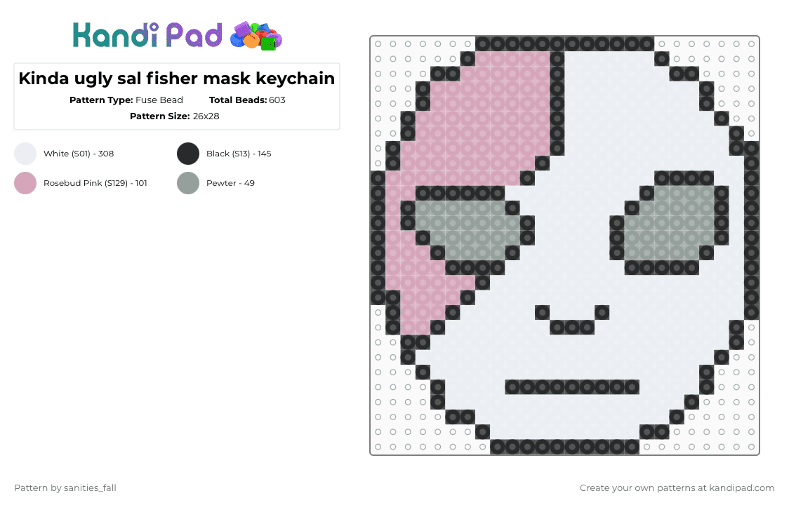 Kinda ugly sal fisher mask keychain - Fuse Bead Pattern by levi_l1k3s_svnitiesfa11 on Kandi Pad - white,pink,gray