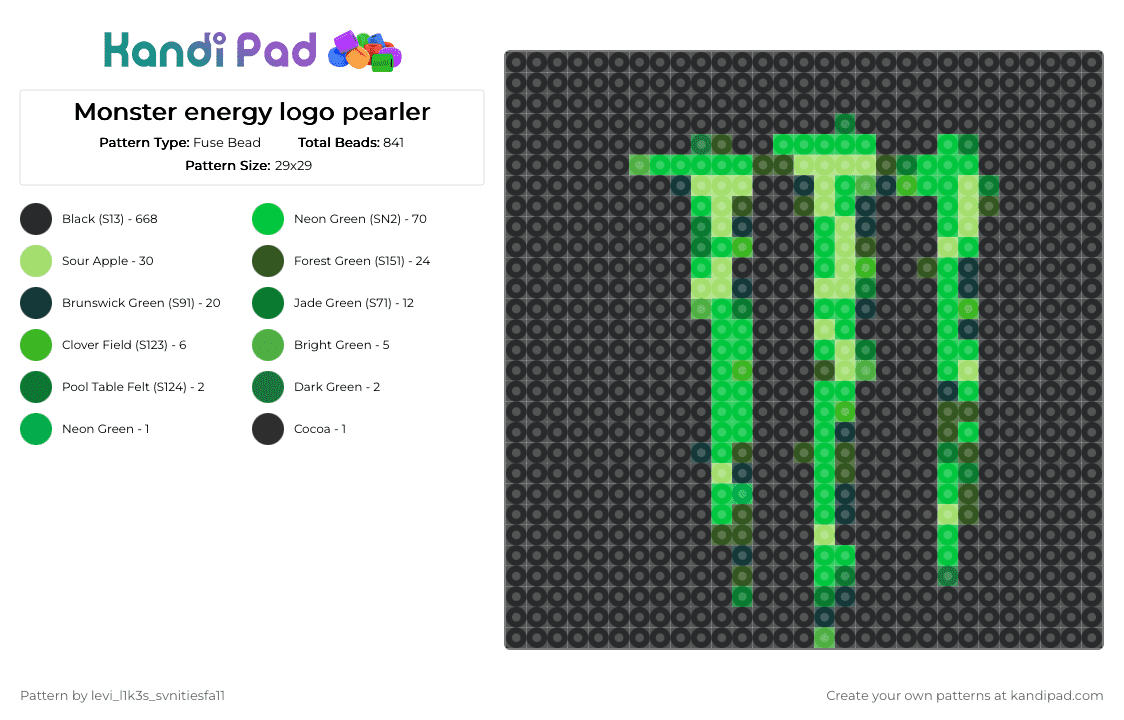 Monster energy logo pearler - Fuse Bead Pattern by levi_l1k3s_svnitiesfa11 on Kandi Pad - black,green,monster,energy drinks,emo,pearlers,kandi