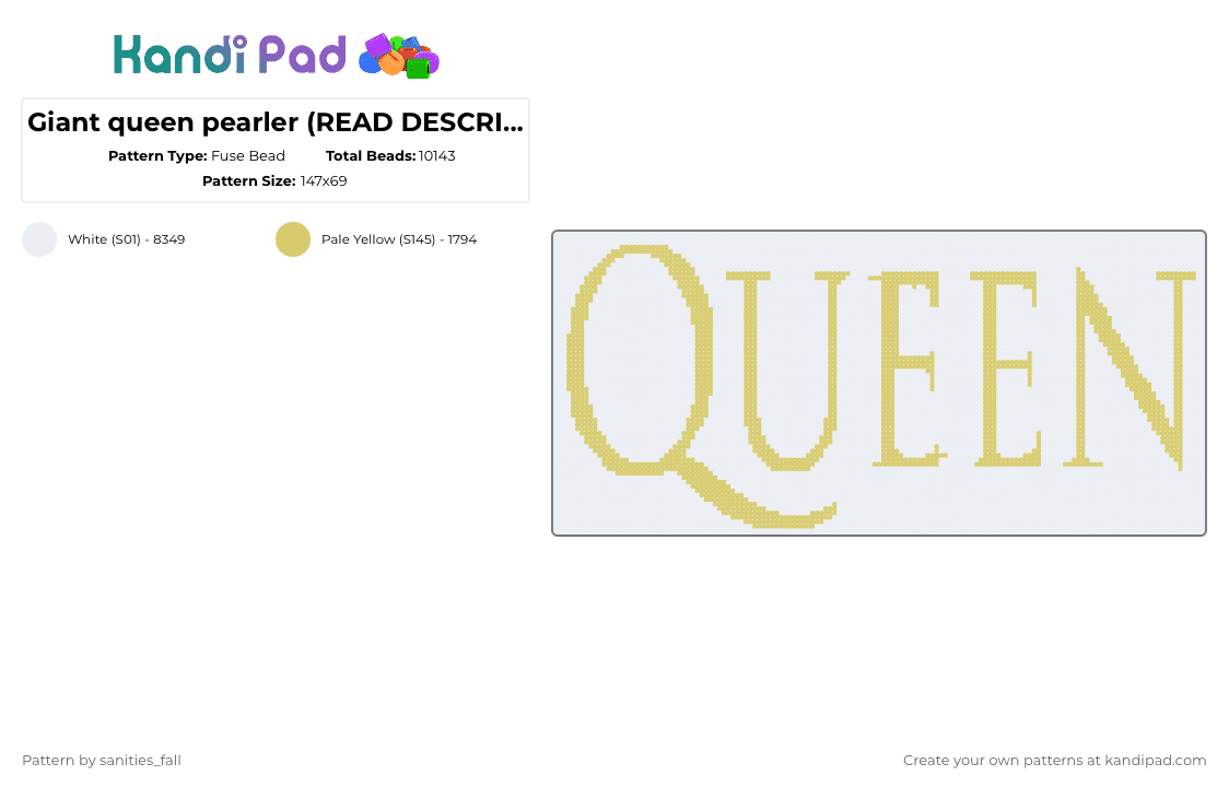 Giant queen pearler (READ DESCRIPTION PLEASE) - Fuse Bead Pattern by levi_l1k3s_svnitiesfa11 on Kandi Pad - white