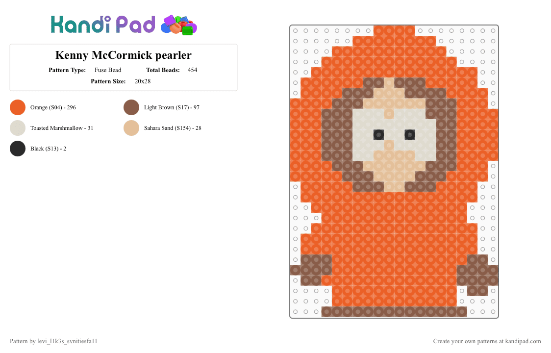 Kenny McCormick pearler - Fuse Bead Pattern by levi_l1k3s_svnitiesfa11 on Kandi Pad - orange,south park,cartoons,colourful,kenny,funny,silly