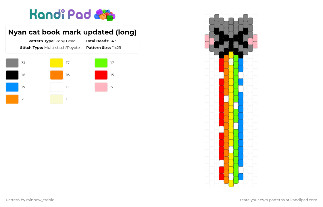 Nyan cat book mark updated (long) - Pony Bead Pattern by rainbow_treble on Kandi Pad - gray,orange,yellow,green,bookmark,book,nyan cat,rainbow