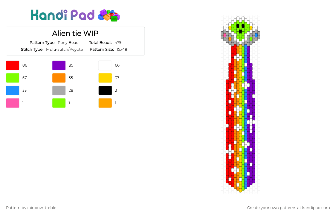 Alien tie FINISHED - Pony Bead Pattern by rainbow_treble on Kandi Pad - green,orange,red,purple,rainbow,tie,peyote stitch,alien,alien rainbow tie peyote,alien tie