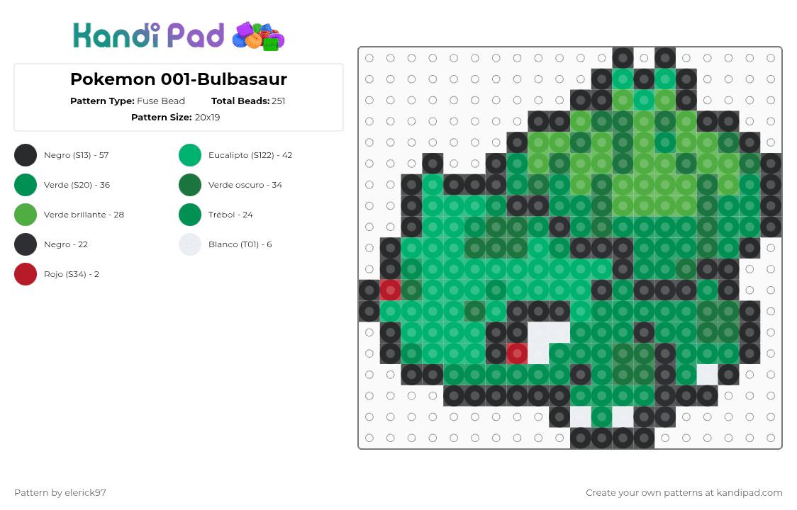 Pokemon 001-Bulbasaur - Fuse Bead Pattern by elerick97 on Kandi Pad - green
