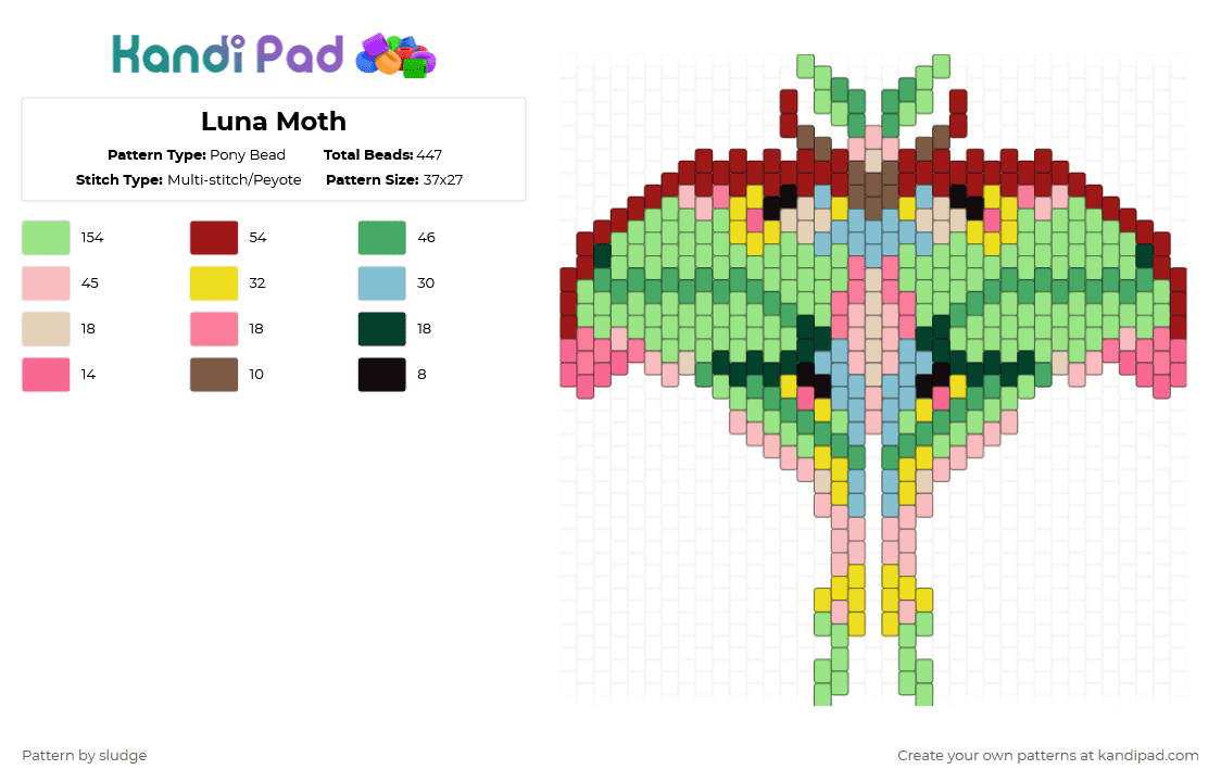 Luna Moth - Pony Bead Pattern by sludge on Kandi Pad - green,red,beige,luna moth,pony beads