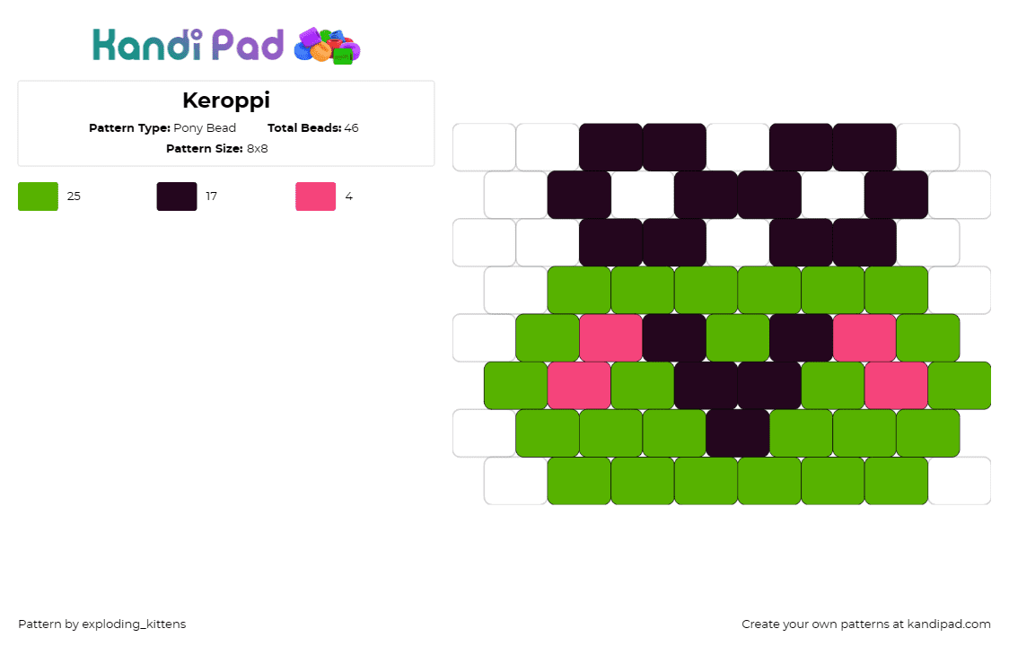 Keroppi - Pony Bead Pattern by exploding_kittens on Kandi Pad - keroppi,frog,sanrio,kawaii,glasses,smile,cute,green